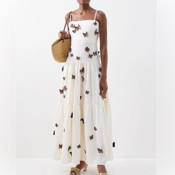 Agua By Agua Bendita Lima Embroidered Butterfly Linen Maxi Dress Size Small - Picture 6 of 16